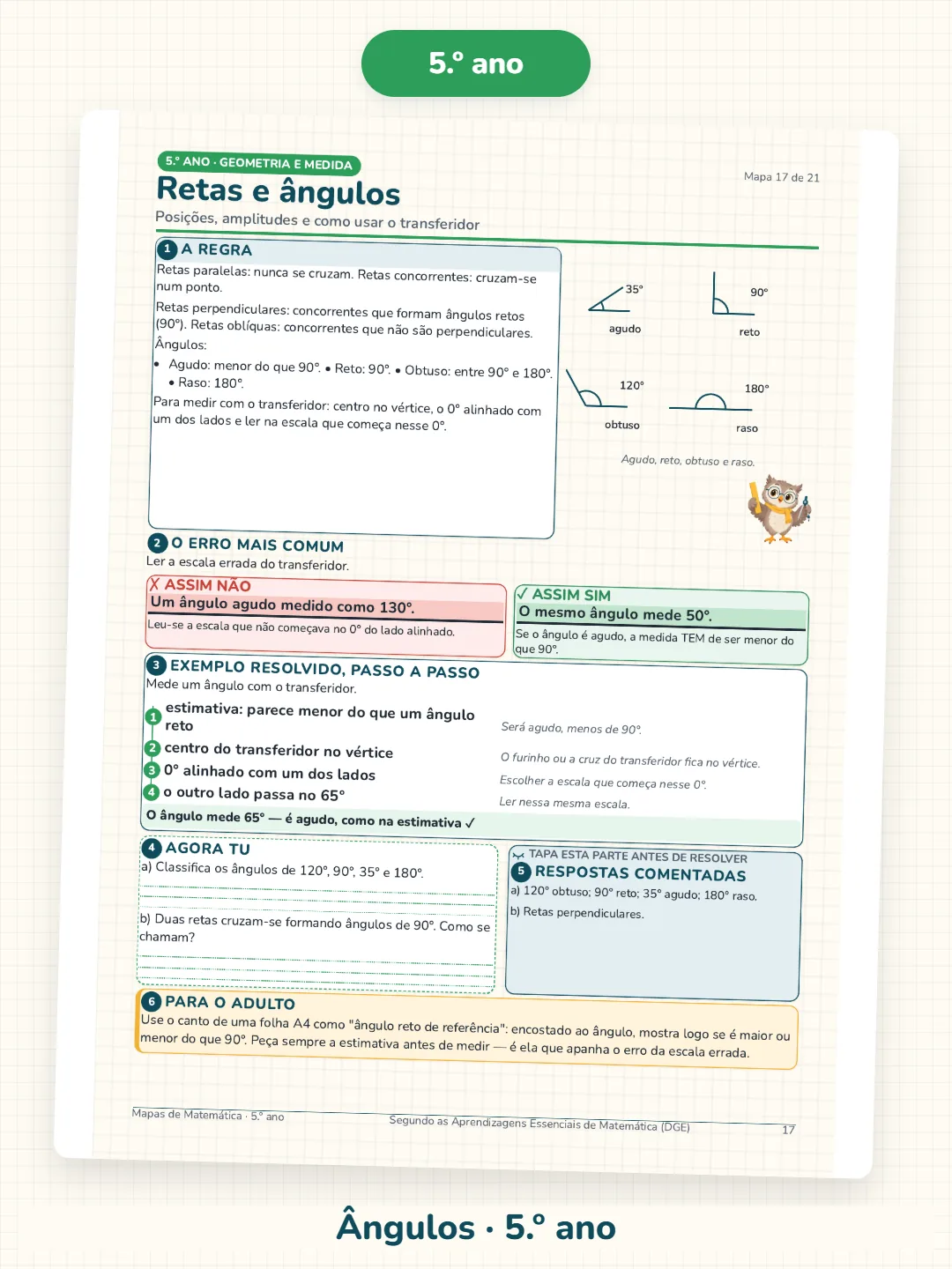Mapa de Ângulos do 5.º ano, com retas, amplitudes e uso do transferidor