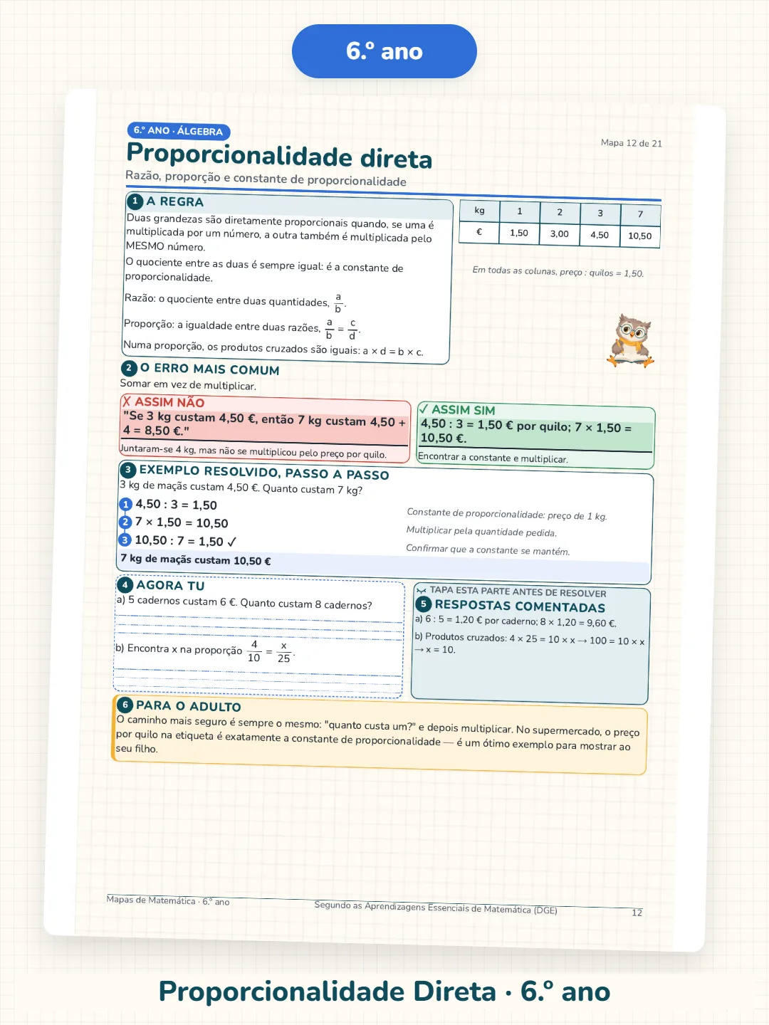 Mapa de Proporcionalidade Direta do 6.º ano, com tabela e exemplo resolvido