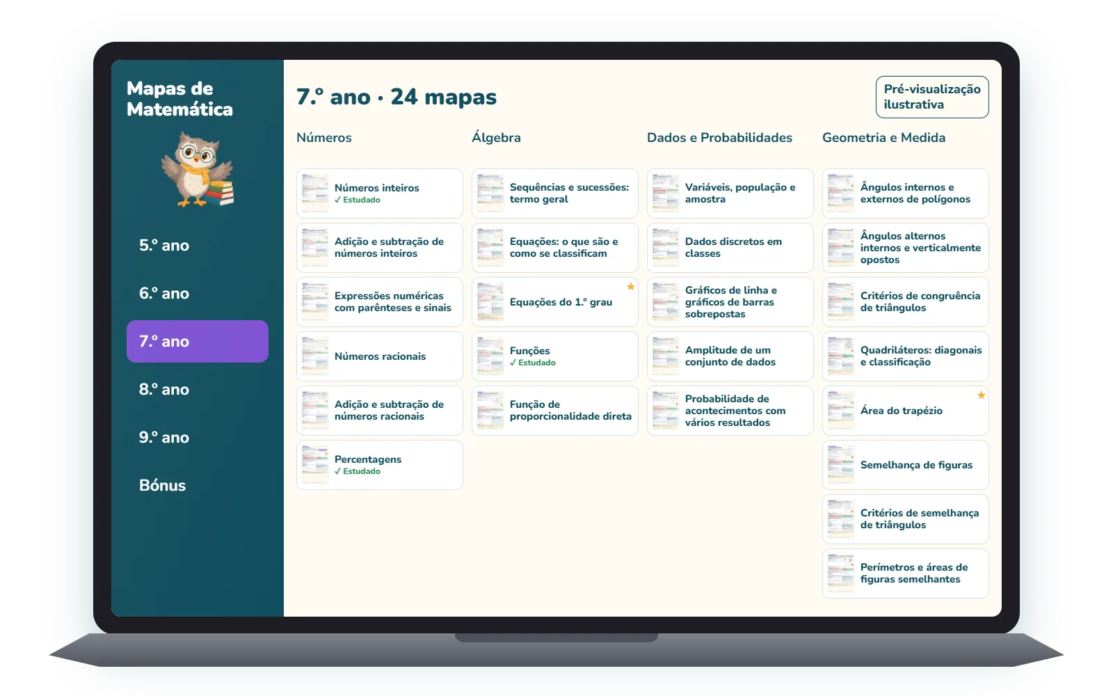 Pré-visualização ilustrativa da área de membros num portátil, com mapas do 7.º ano organizados por tema