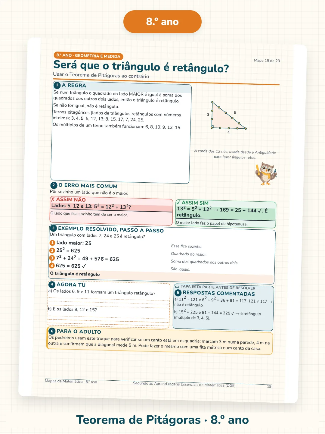 Mapa do Teorema de Pitágoras do 8.º ano, com exemplos e exercícios