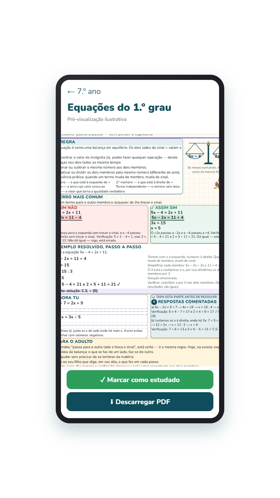 Pré-visualização ilustrativa de um mapa no telemóvel, com botões para marcar como estudado e descarregar PDF
